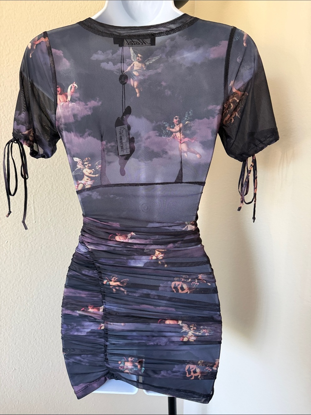 Ruched Sheer Mini Dress in Dark Purple Floral - Picture 8 of 9